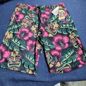 Good Vibes Tiki Floral Print  Shorts Men's Small Black Pink Aloha